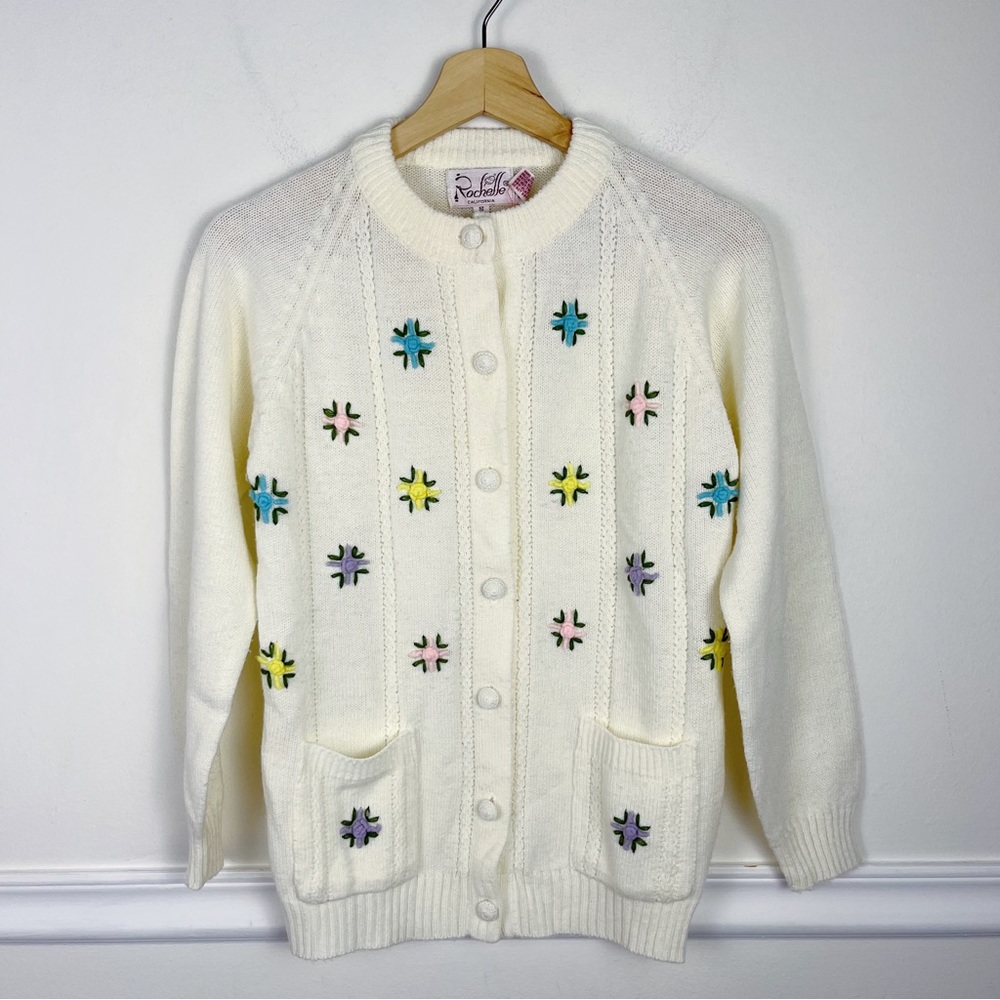 Vintage Rochelle‎ California Embroidered Flower Cottagecore Cardigan 60's Size S